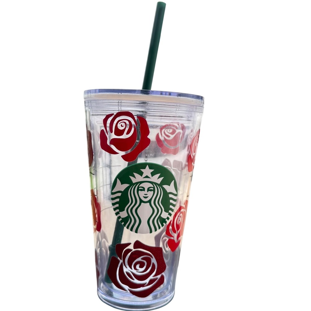 Starbucks Red Rose Floral Cold Cup Tumbler 16oz Acrylic Clear Red